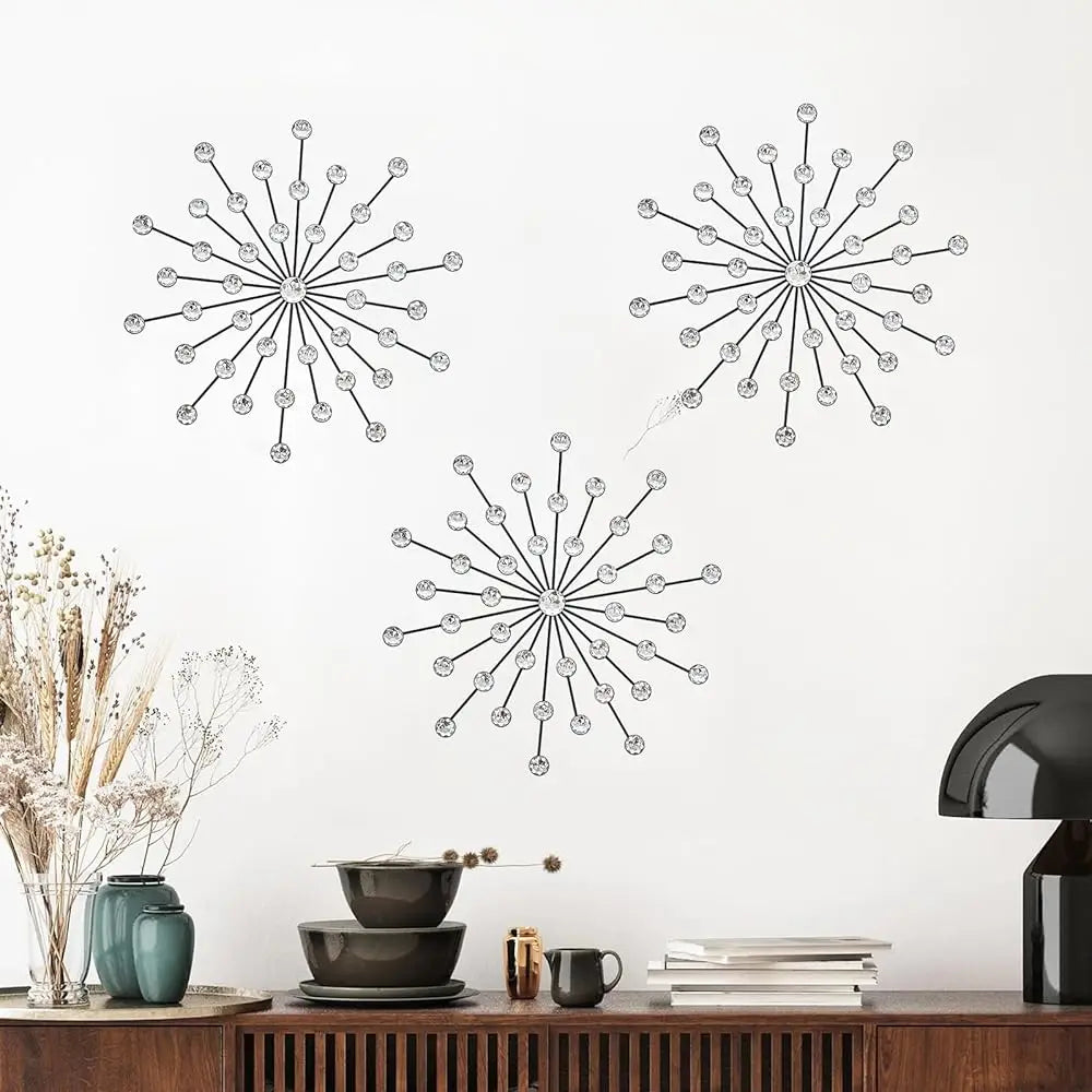 Crystal Home Décor Rhinestone Sun Star Wall Hanging Diamond Accents 18x18. 3 Set Metal Jeweled Wall Art Bling