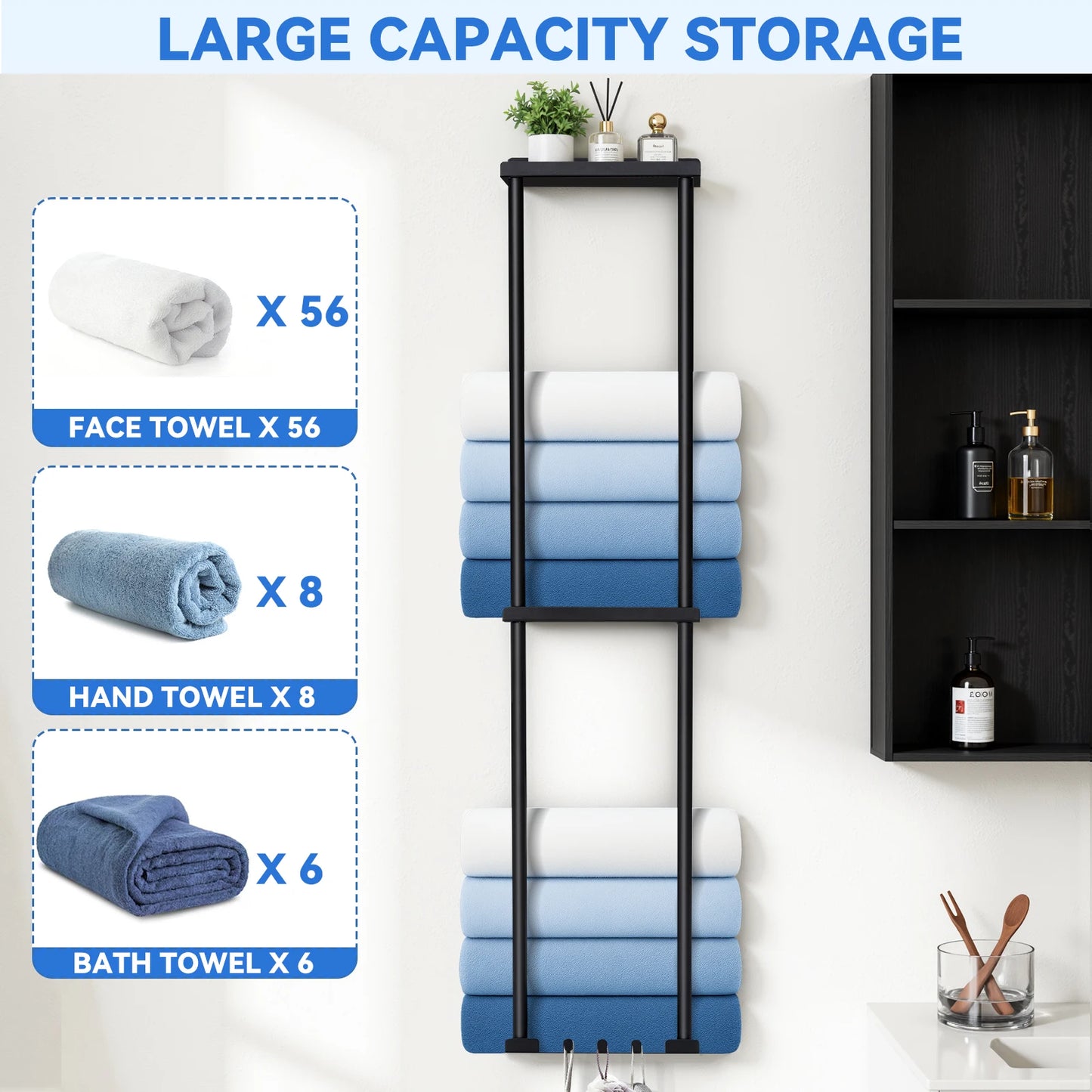 3‑Tier Wall‑Mounted Towel Holder – Bathroom Shelf with 6 Hooks for Towels & Accessories