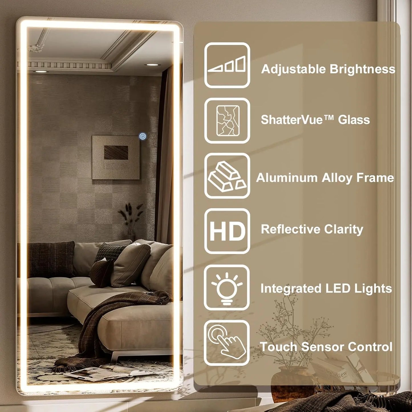 26×71" LED Full‑Length Mirror – Dimmable with 3‑Color Lighting Modes