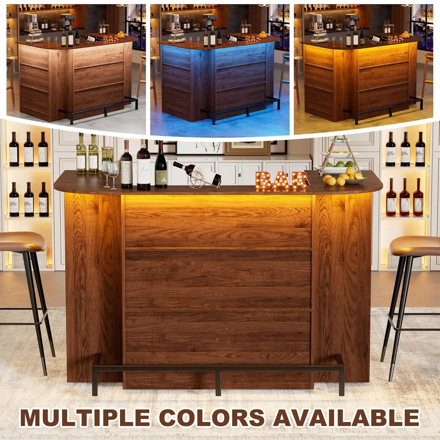 Home Unit Bar Cabinet with LED Light & Stemware Holders, 3 Tier Liquor Storage Cabinet
