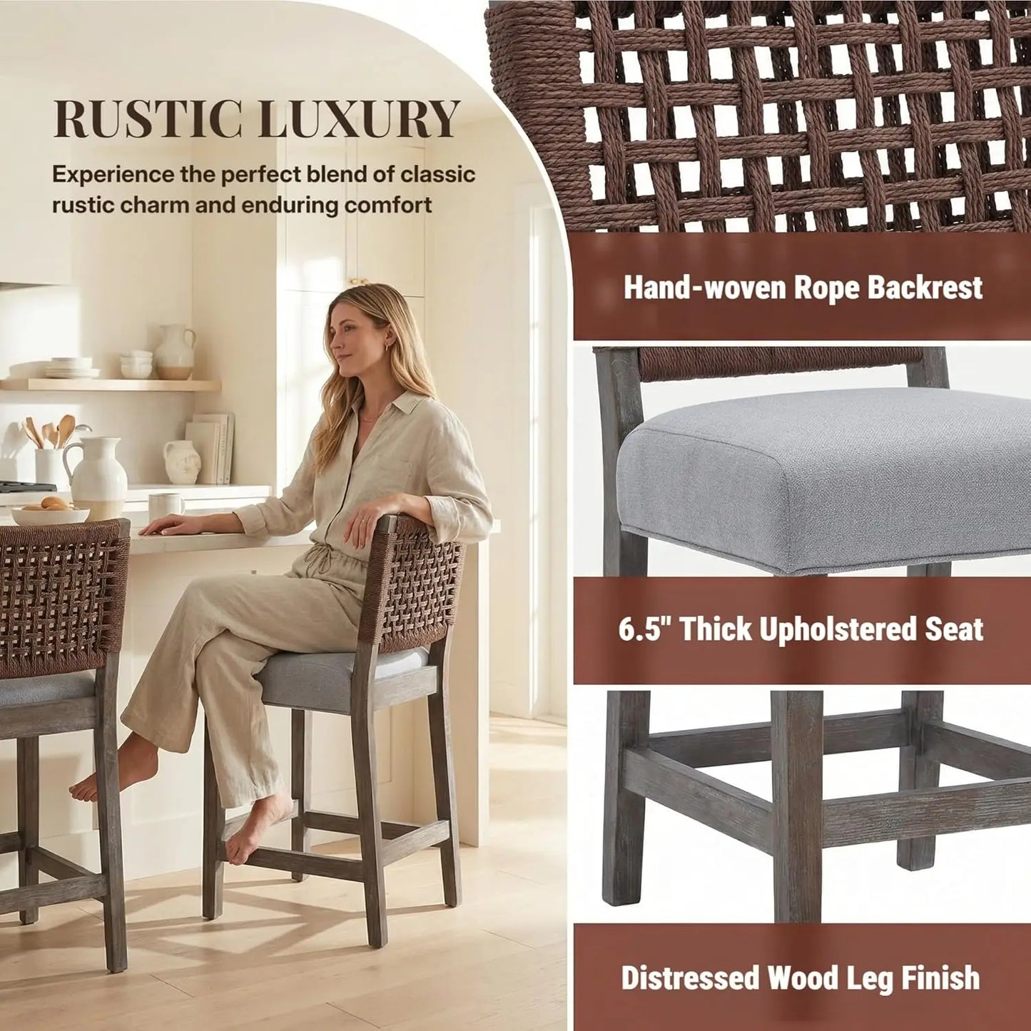 27" Counter Height Bar Stools, Set of 2 – Modern Upholstered Kitchen Island Chairs