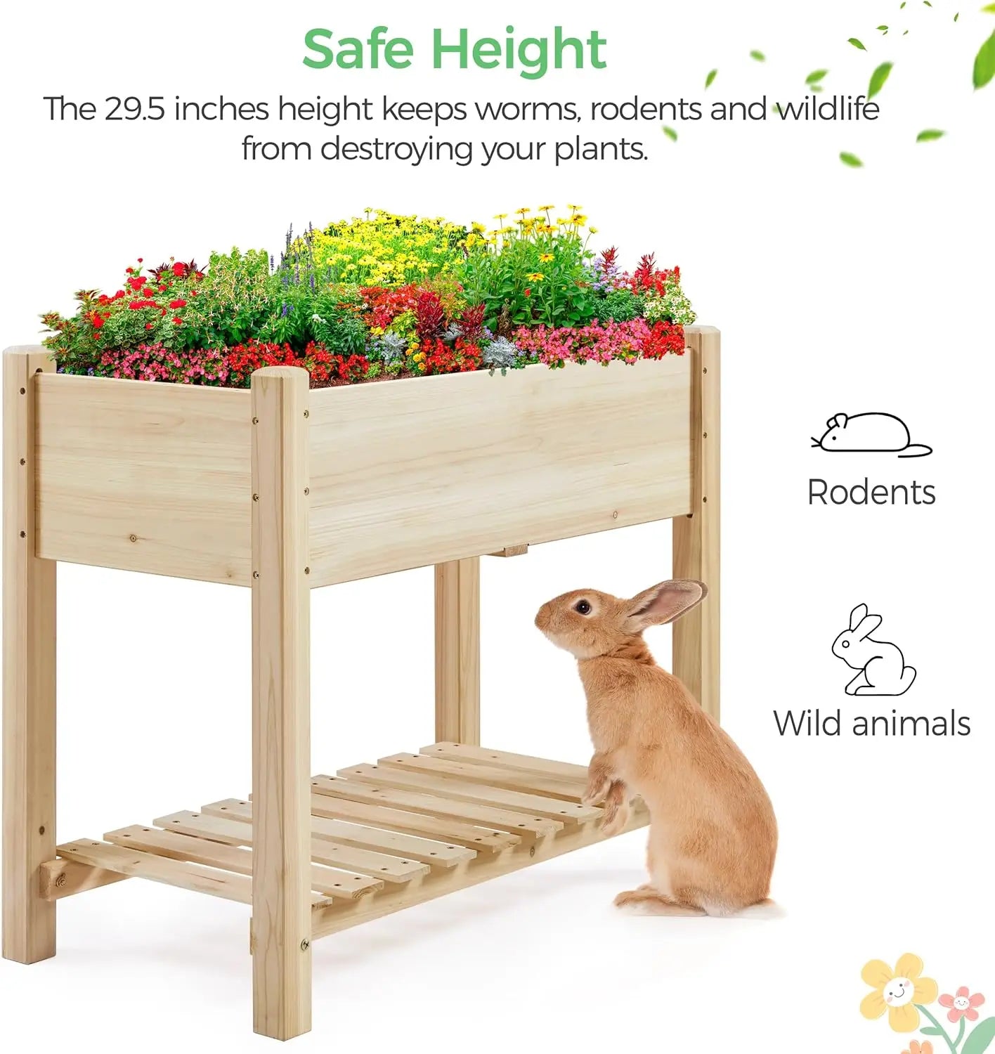 Elevated Wooden Garden Bed with Storage Shelf, 34x18x30in