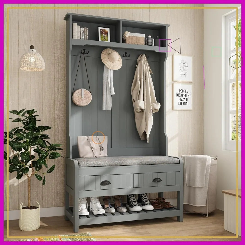 Grey Entryway Bench with Coat Rack, Shoe Storage, Drawers and Shelves - Multifunctional Hall Tree