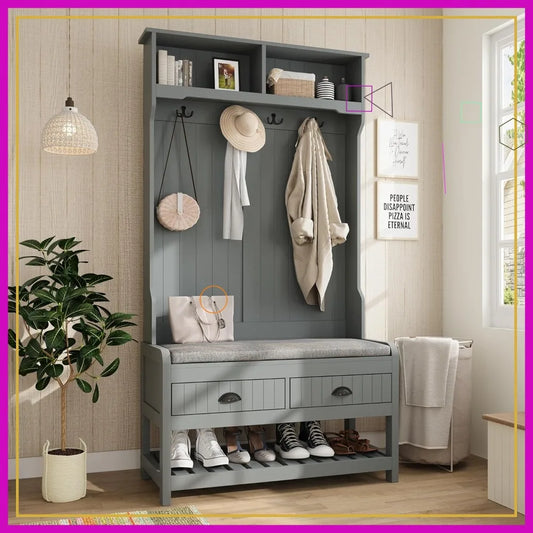 Grey Entryway Bench with Coat Rack, Shoe Storage, Drawers and Shelves - Multifunctional Hall Tree