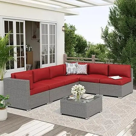 7-Piece Outdoor Patio Sofa Set - Black Rattan Wicker Set with Glass Top Table and Cushions(Red)