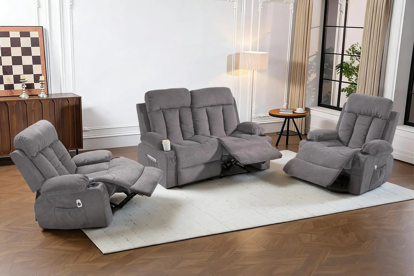 3‑Piece Manual Recliner Sofa Set – Sofa, Loveseat & Chair with Built‑In Cup Holders