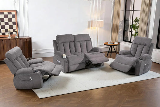 3‑Piece Manual Recliner Sofa Set – Sofa, Loveseat & Chair with Built‑In Cup Holders