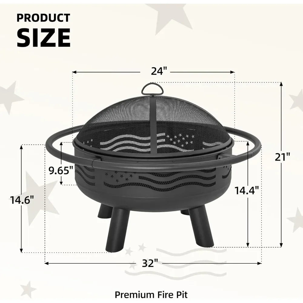 32" American Flag Fire Pit – Round Metal Wood‑Burning Firepit with Mesh Cover & Poker
