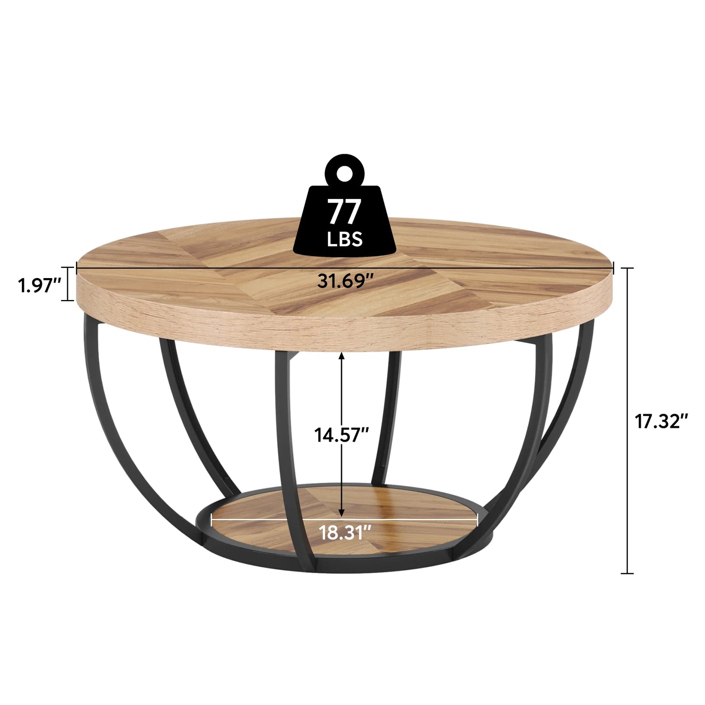 31" Round Coffee Table, Industrial 2-Tier Table with Storage Shelves