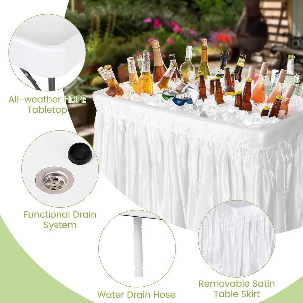Portable Folding Ice Cooler Table – White Drink Station with Drain, Bucket & Removable Skirt for Parties & Camping
