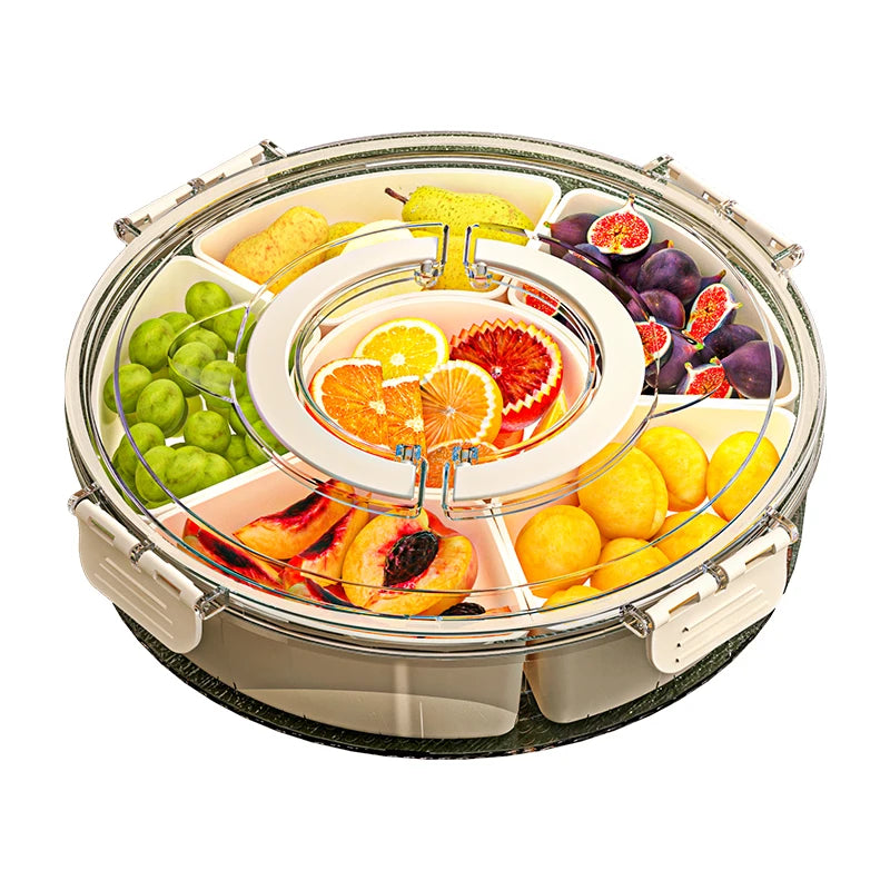 Multi Compartment Round tray with  Clear Lid and Handle and Dividers, Rotating Serving Tray
