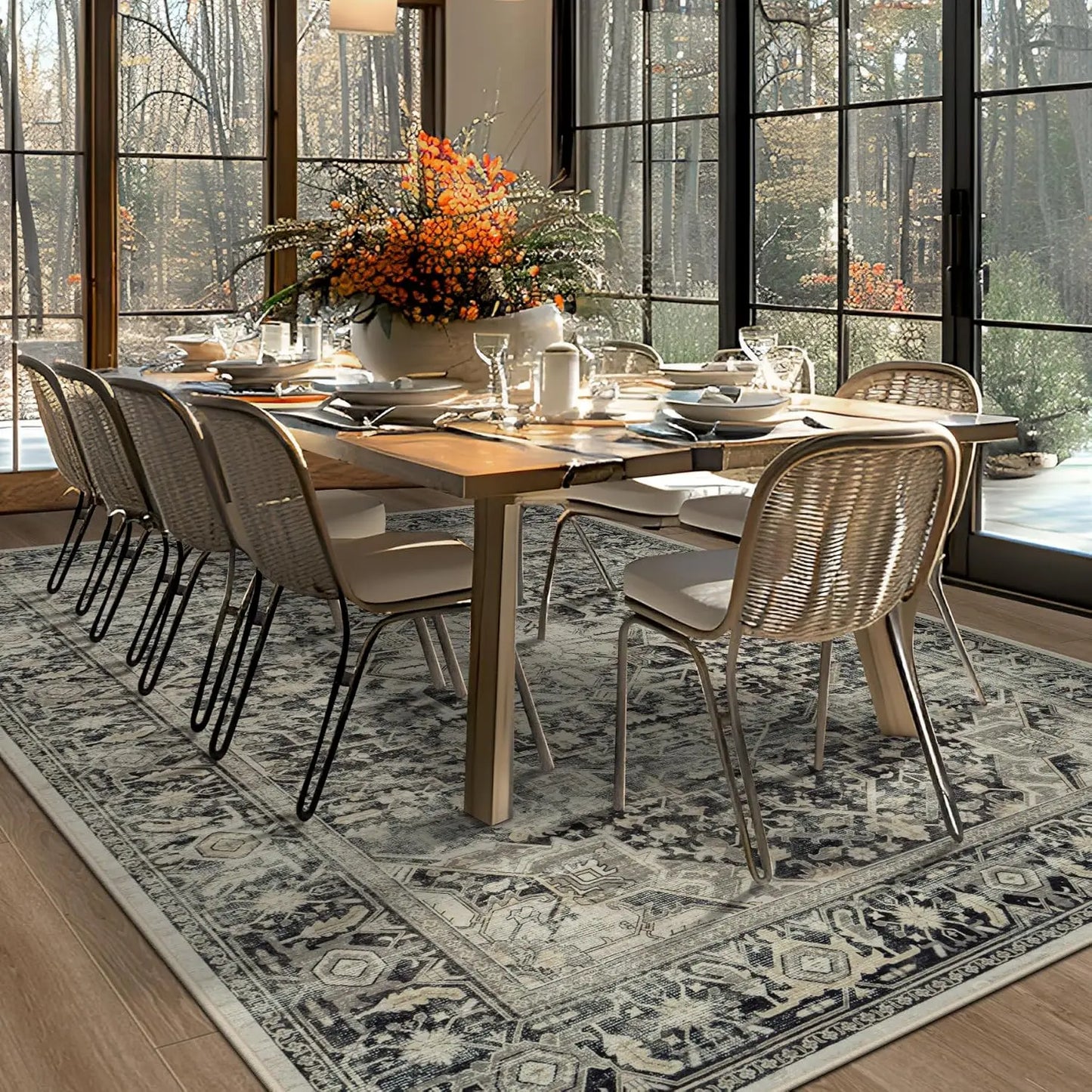Soft Vintage Washable Area Rug 9x12 with Anti-Skid Backing, Stain Resistant