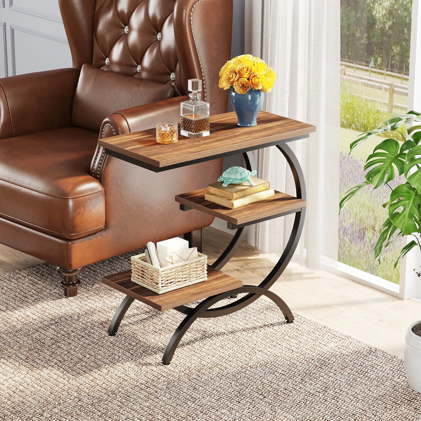 C-Shaped End Table, 3-Tier Small Table for Couch