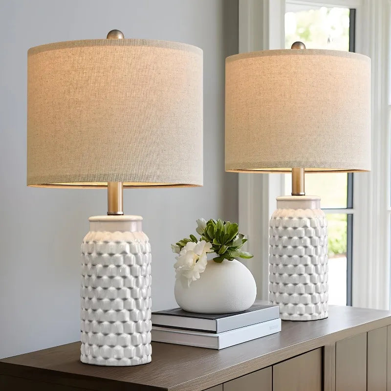 Modern White Ceramic Table Lamps (Set of 2) – 20.5" Bedside Lamps with Linen Shades