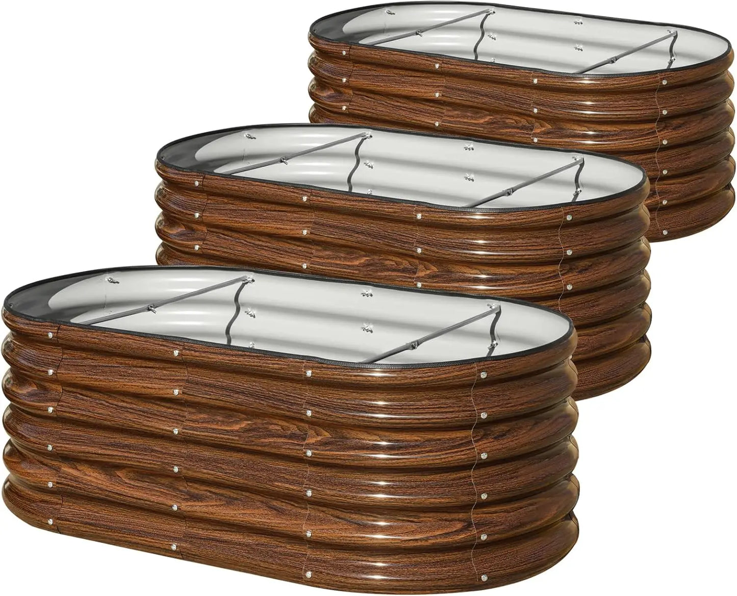 17" Tall Galvanized Metal Planter Set – 3‑Piece Oval Raised Garden Boxes