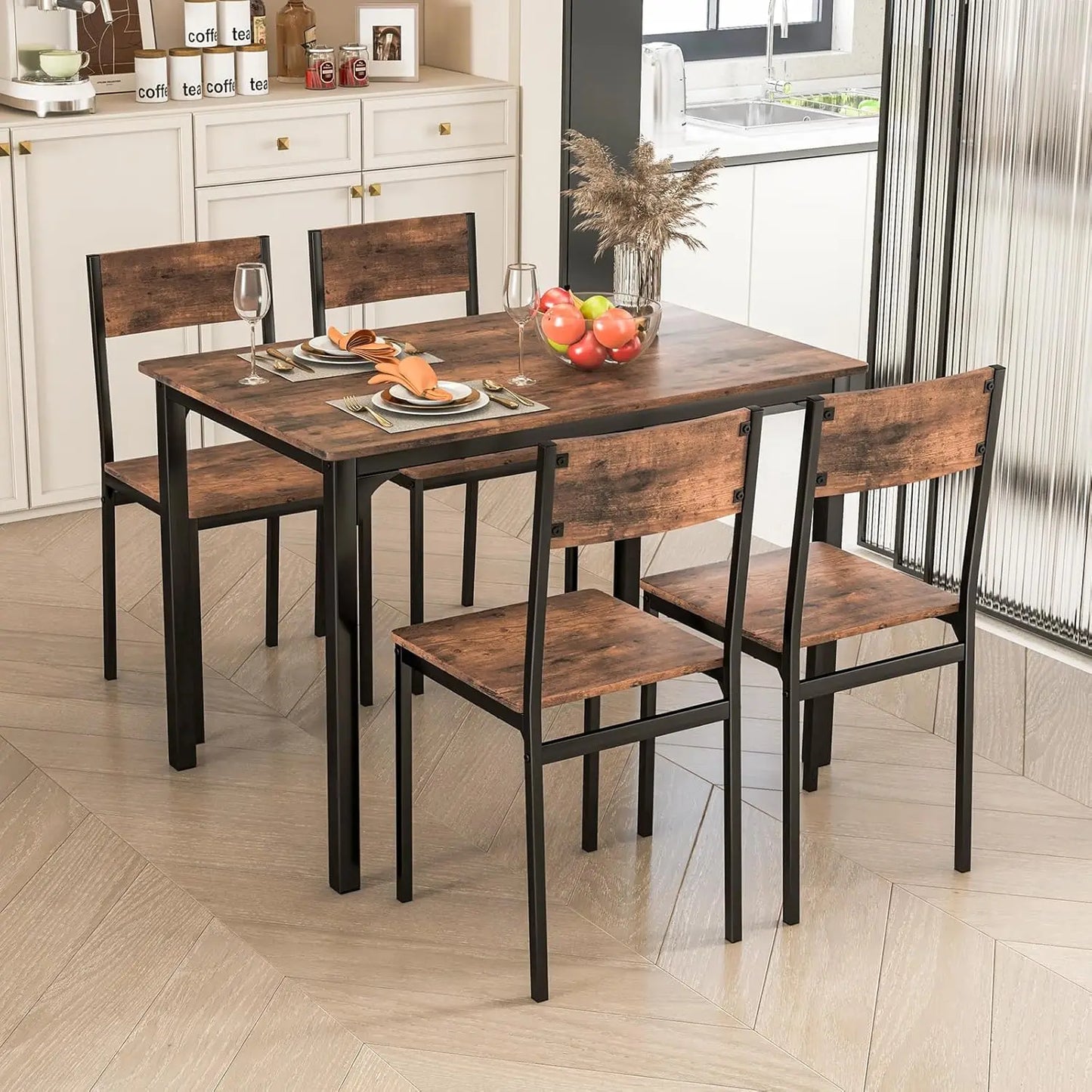 5-Piece Dining Table Set - Table and 4 Chairs with Backrest and Metal Frame