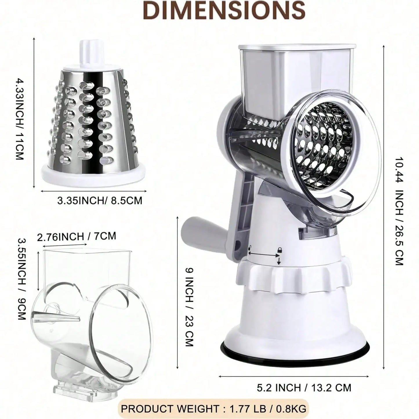 Rotary Cheese Grater Hand Crank - Vegetable Slicer with 3 Stainless Steel Blades