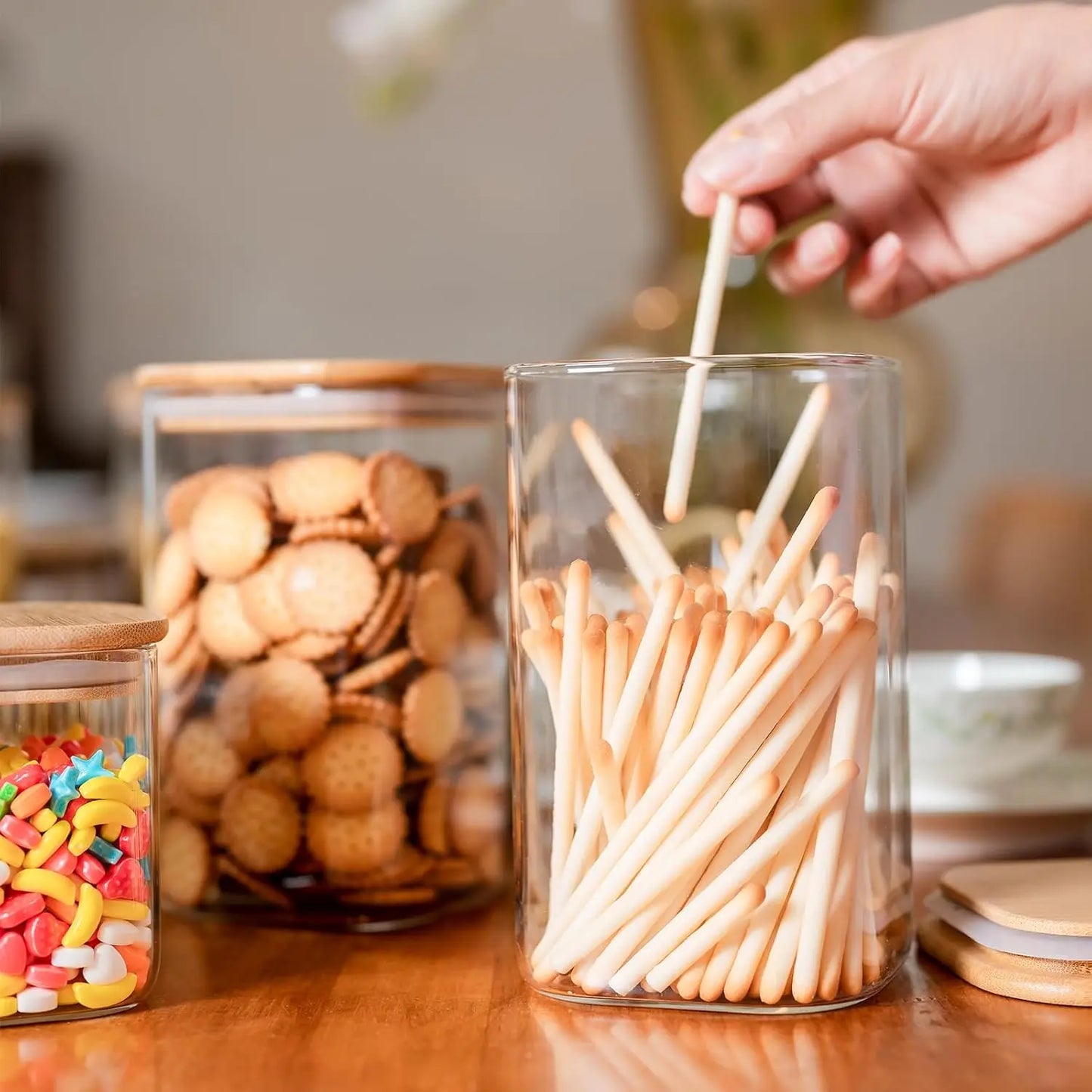 Glass Food Storage Jars 37oz Set of 6, Airtight Bamboo Lid Containers for Tea, Coffee, Flour, Sugar & More
