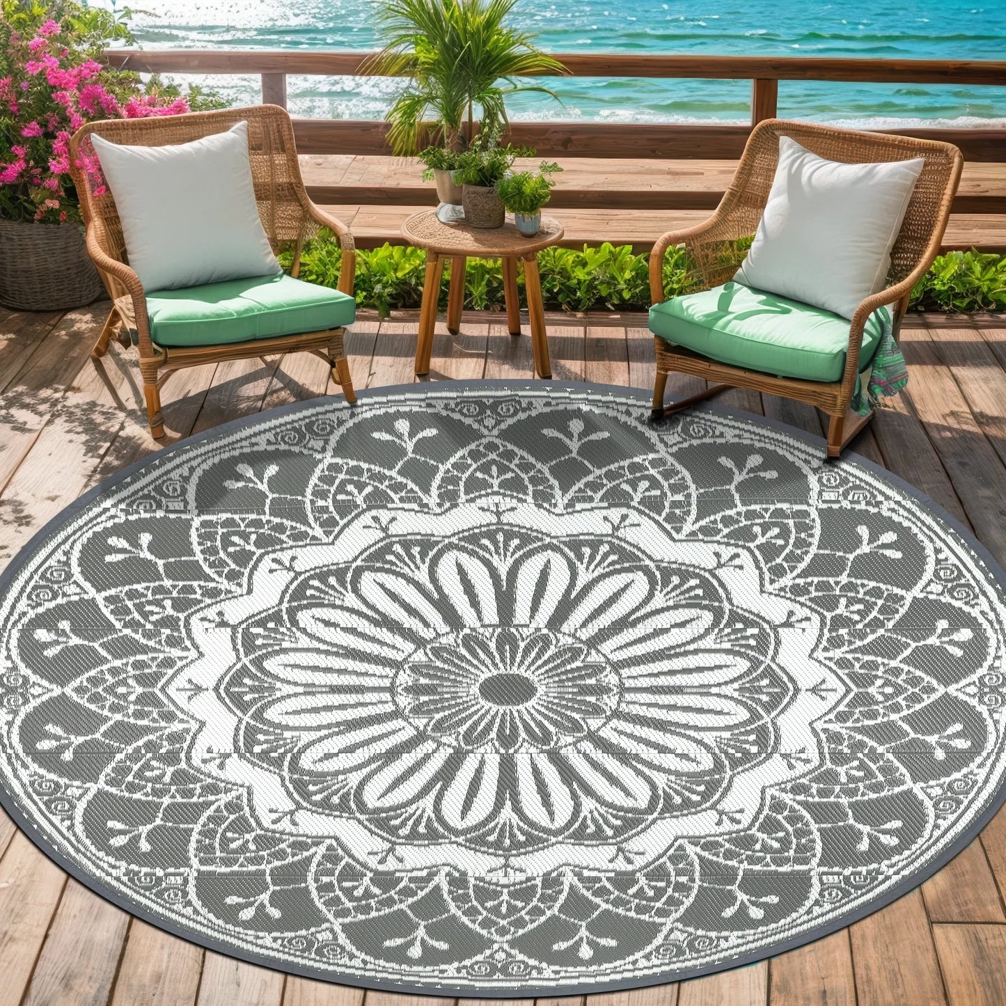 8ft Round Outdoor Patio Rug, Reversible,Lightweight