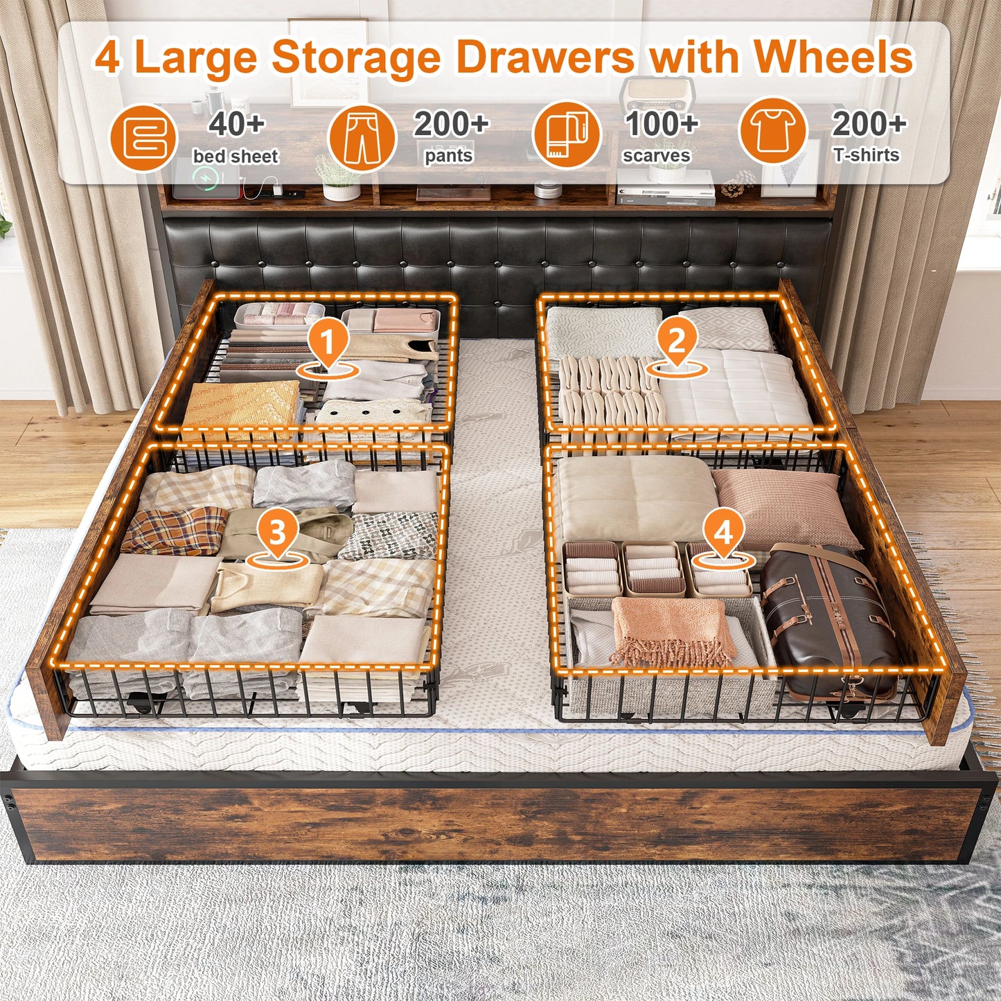 Full/Queen/King Bed Frame with Charging Station and 4 Storage Drawers, Platform Bed