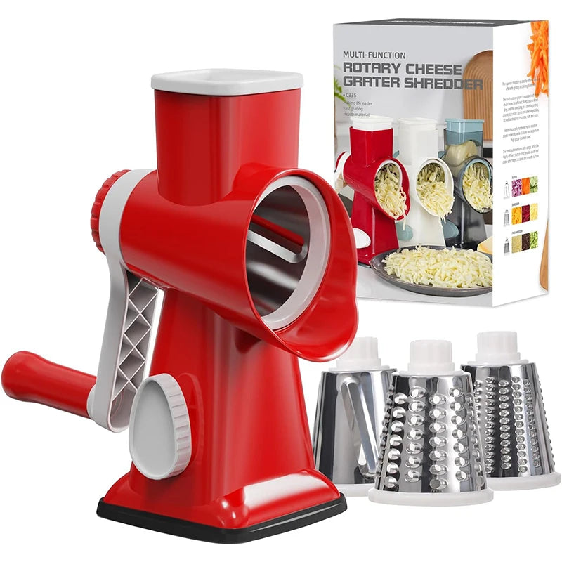 3‑in‑1 Rotary Cheese Grater – Manual Vegetable Slicer & Nut Grinder with Clear Hopper