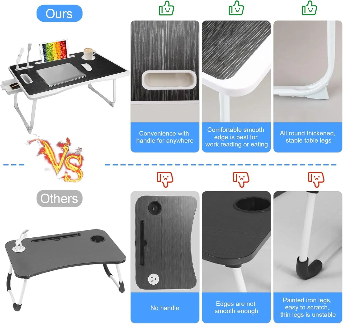 Foldable Laptop Bed Desk with USB Ports, Cup Holder & Drawer – Portable Bed/Sofa Work Tray