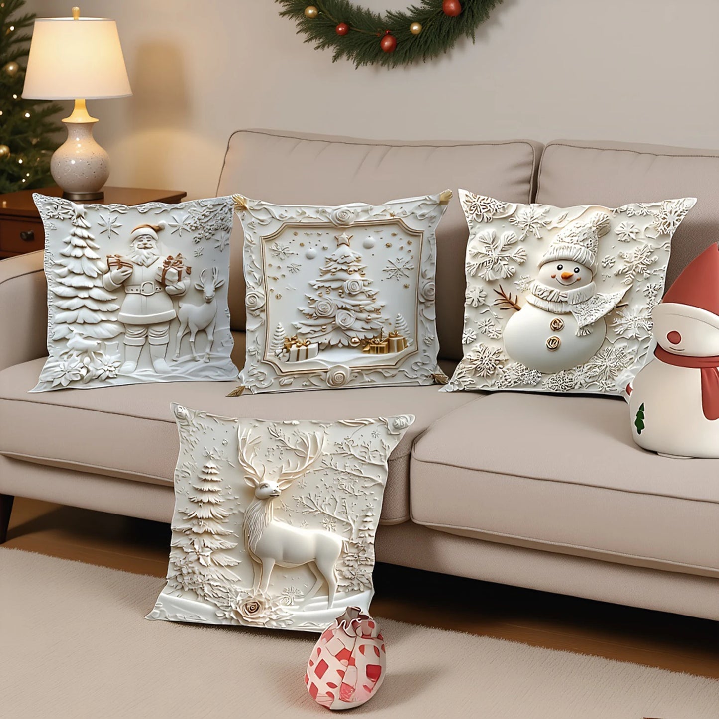 3D Christmas Pillow Covers – Set of 4 Festive Decorative Cushion Cases