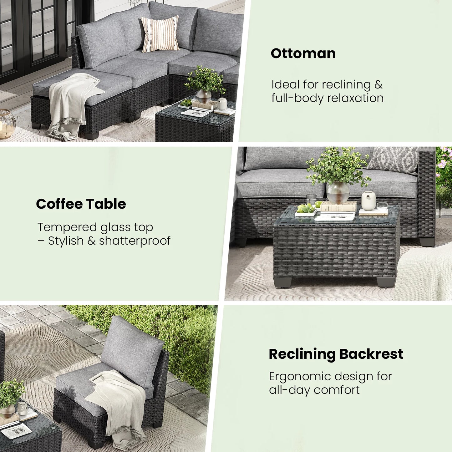 Outdoor Sectional Sofa Set with Ottoman – Water/Oil/Stain‑Resistant Fabric, Dark Gray Cushions & Gray Wicker