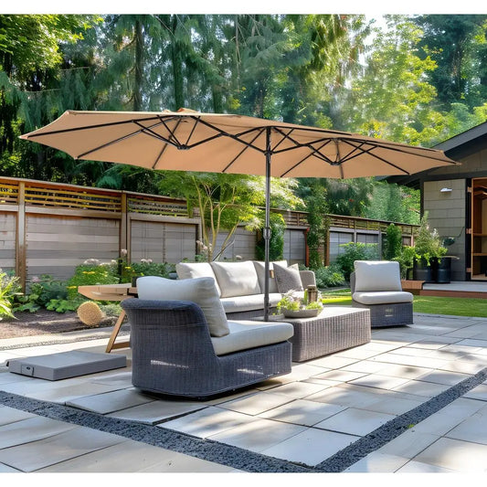 15×9 FT Double‑Sided Patio Umbrella with Base – Extra‑Large Rectangular Outdoor Umbrella with Crank for Lawn & Garden