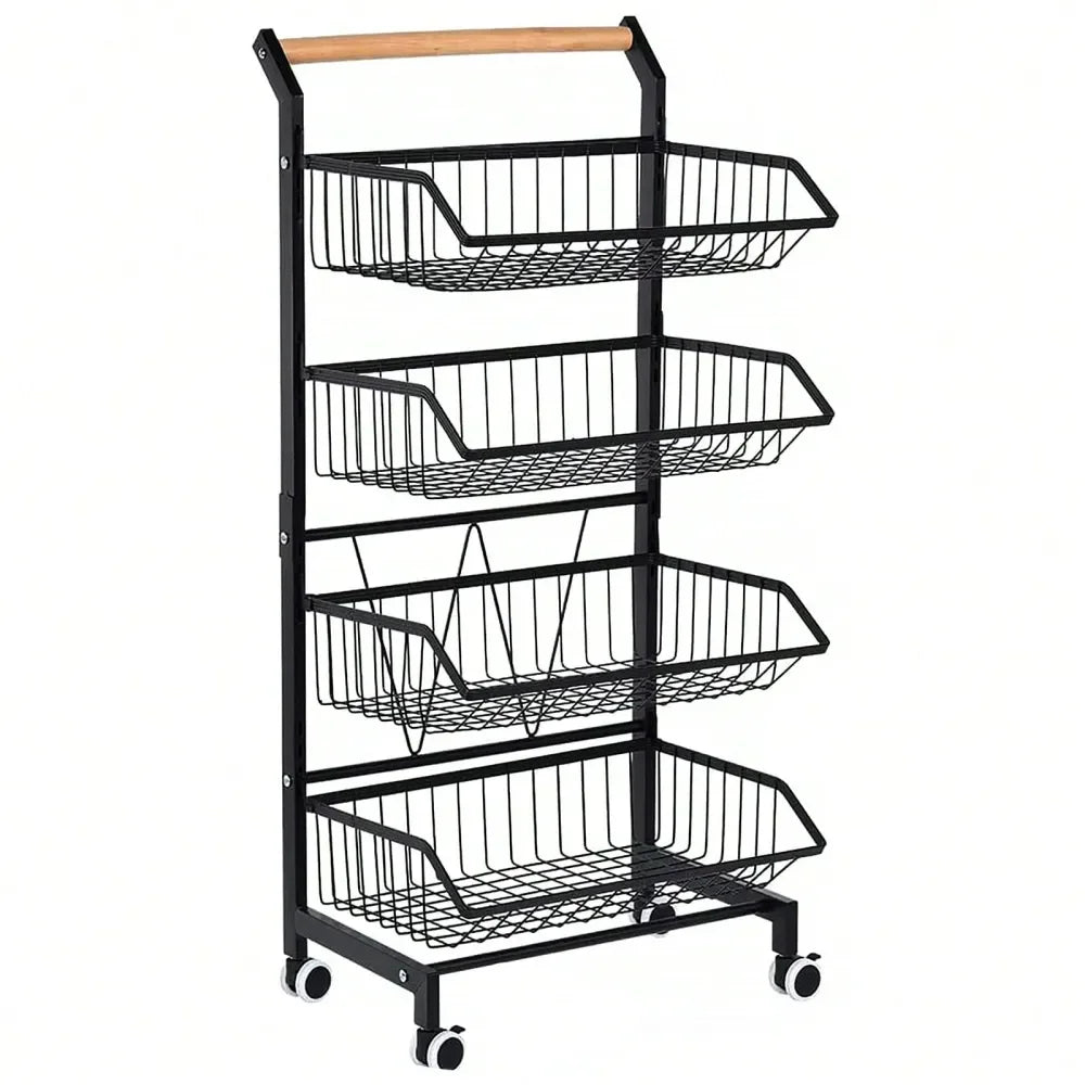 4‑Tier Utility Rolling Storage Cart – Kitchen Pantry Organizer with Solid Wood Handle & 360° Wheels