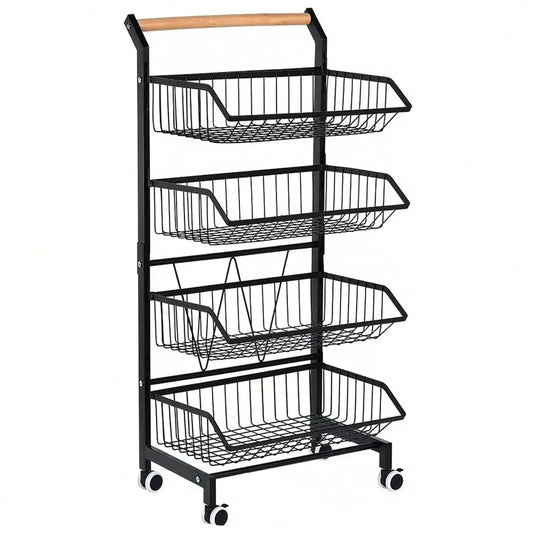 4‑Tier Utility Rolling Storage Cart – Kitchen Pantry Organizer with Solid Wood Handle & 360° Wheels