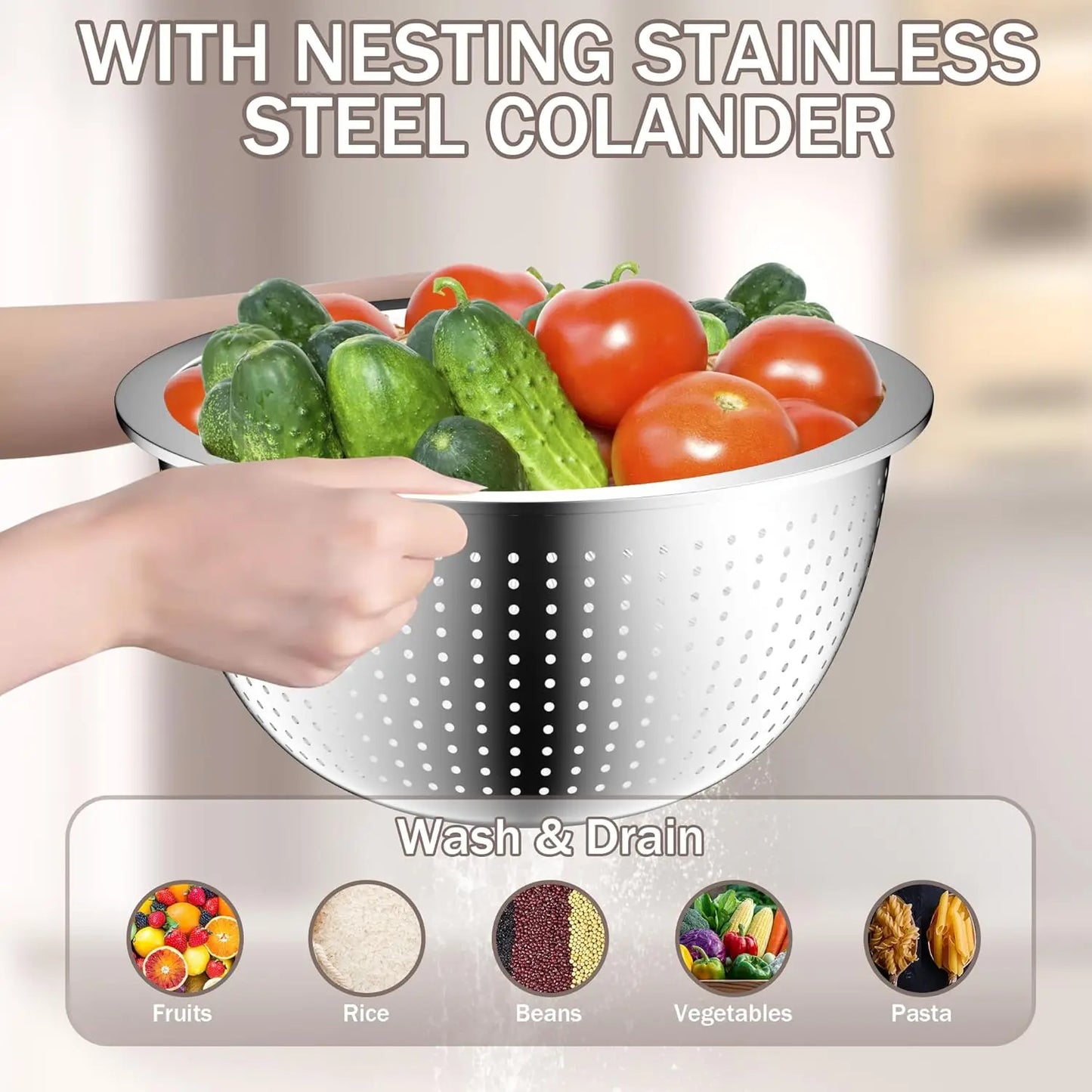 Stainless Steel Mixing Bowls with Lids – Stackable 5‑Piece Set with Strainer (Beige)