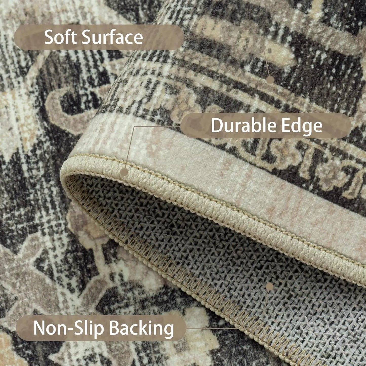 Soft Vintage Washable Area Rug 9x12 with Anti-Skid Backing, Stain Resistant