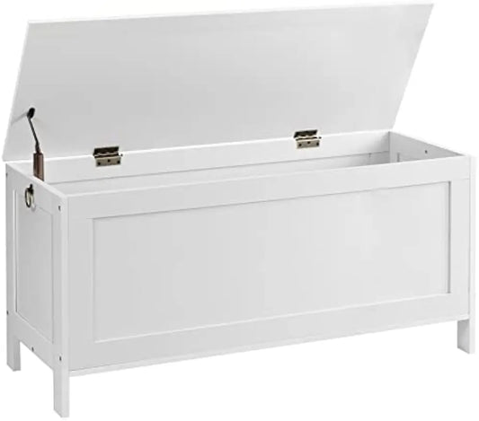 Wooden Look Storage Bench, Toy Box with Safety Hinge for Entryway Shoe Bench Supports 220 lbs, Easy Assembly White