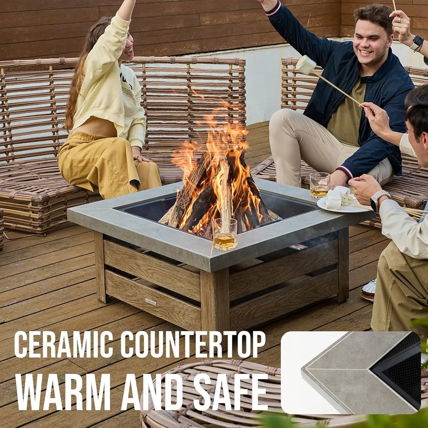 34" Wood Burning Fire Pit with Wood-Grain Side Panels with Mesh Cover