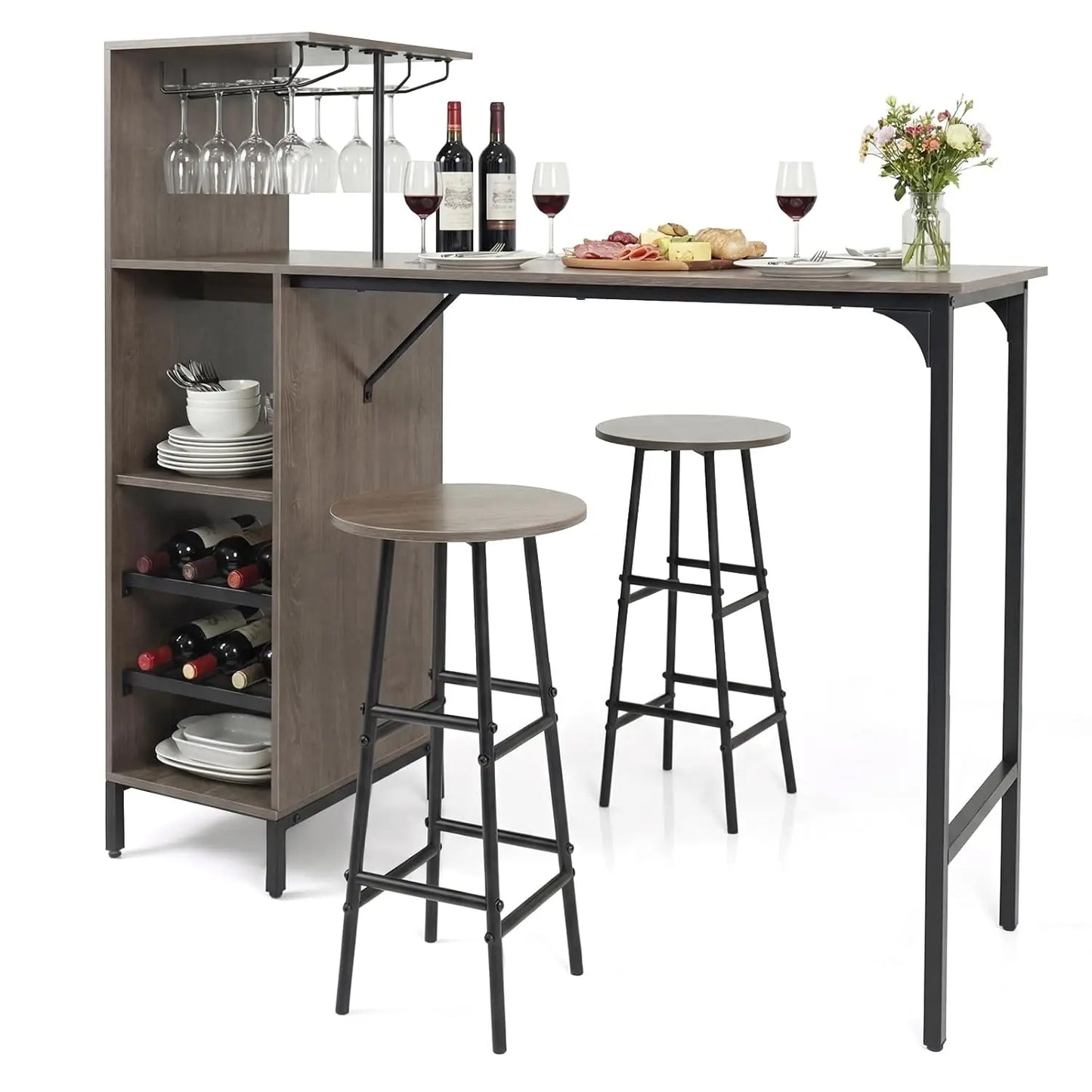 3‑Piece Bar Table & Stool Set – Space‑Saving Design with Built‑In Glass Holder