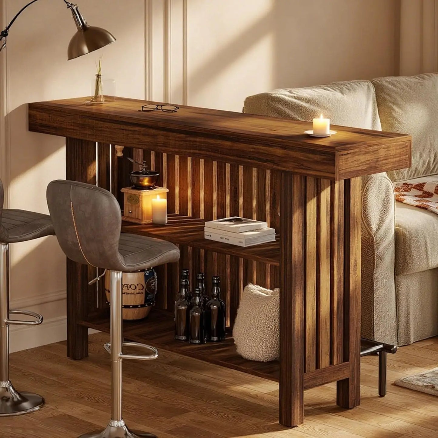 63" Counter Height Bar Table with Footrest 2-Tier Storage Shelf