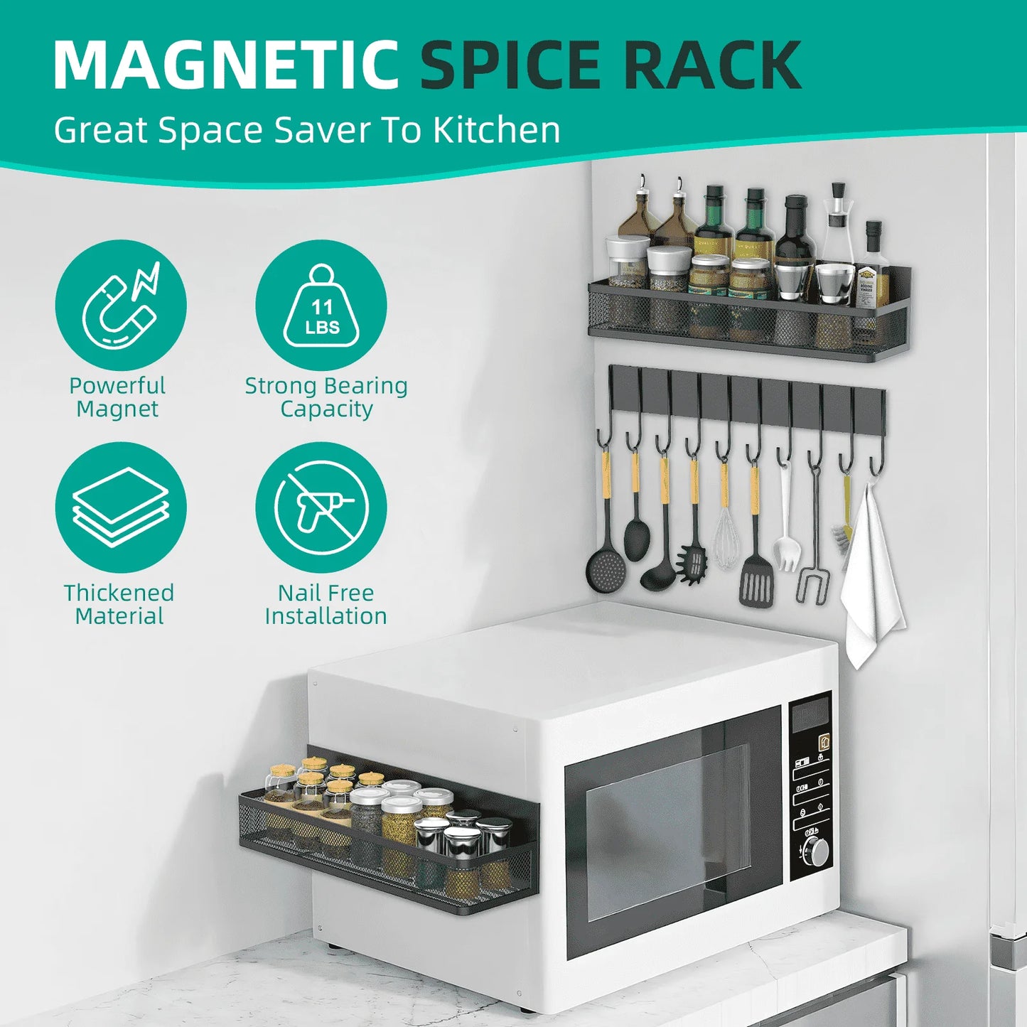 4‑Piece Metal Magnetic Organizer Set – Strong Refrigerator Spice Rack, Hooks & Paper Towel Holder