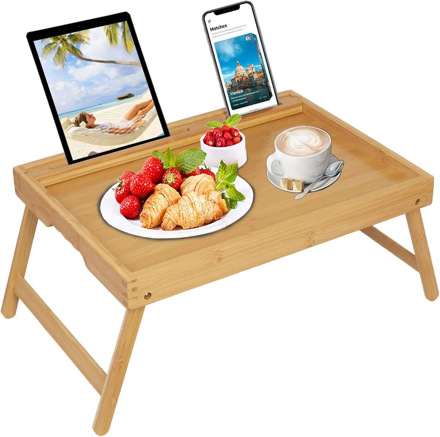 Foldable Bamboo Bed Tray Table with Media Slot – Breakfast Serving Tray for Bed, Couch & Kitchen