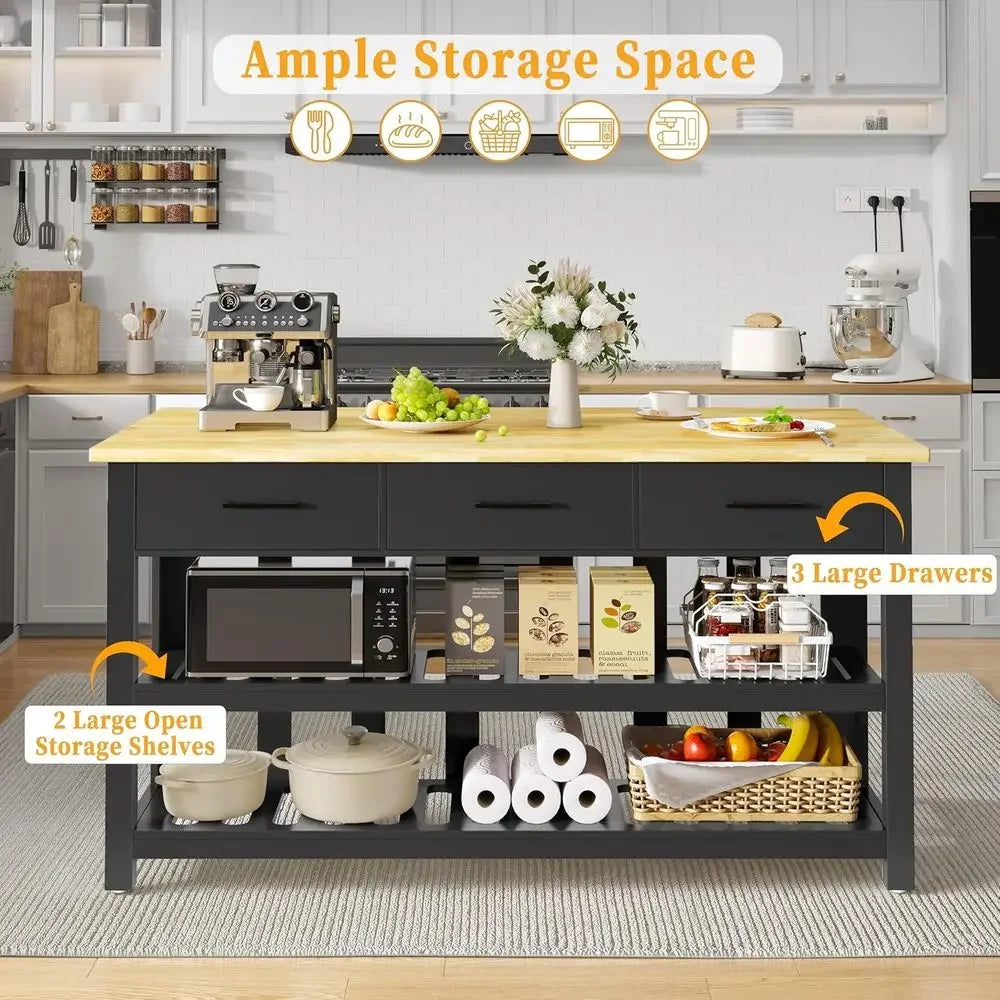 60" Kitchen Island with Power Outlets, Ample Work Surface, 3 Drawers & 2 Shelves, Black Cottage Style