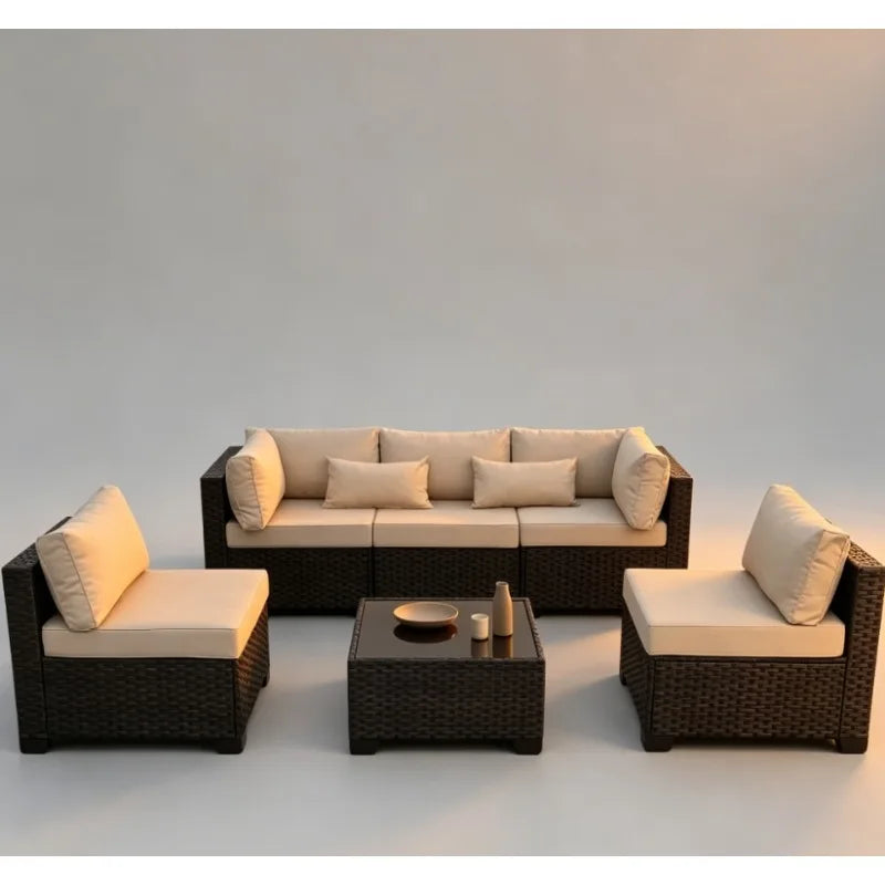 6‑Piece All‑Weather Rattan Patio Sectional – Wicker Outdoor Furniture Set with Cushions, Glass Table & Protective Cover