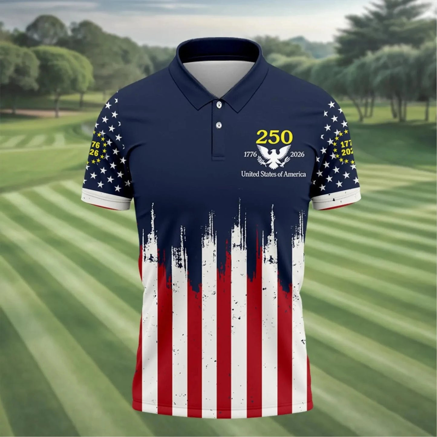America 250 Polo Shirt, 1776–2026 USA 250th Anniversary Golf Shirt, Patriotic Red White Blue Flag Polo Men's Clothing