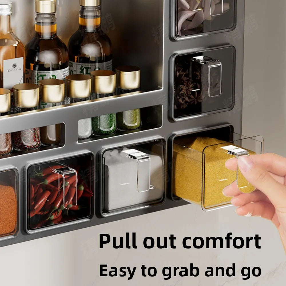 No‑Drill Wall‑Mounted Spice Rack – Carbon Steel Pull‑Out Seasoning Organizer for Kitchen