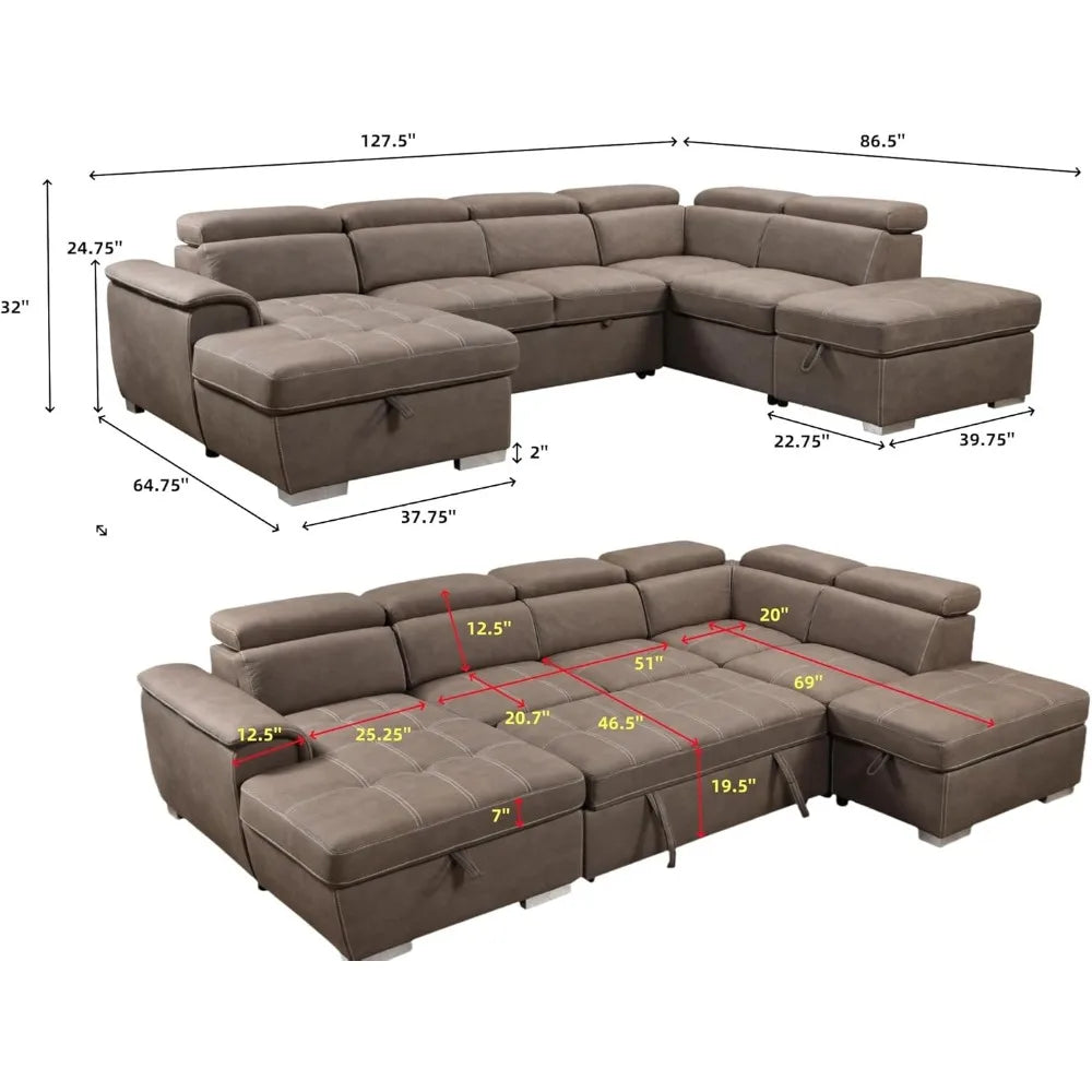 127" Oversized U‑Shaped Sectional Sofa – Microfiber Sleeper with Pullout Bed
