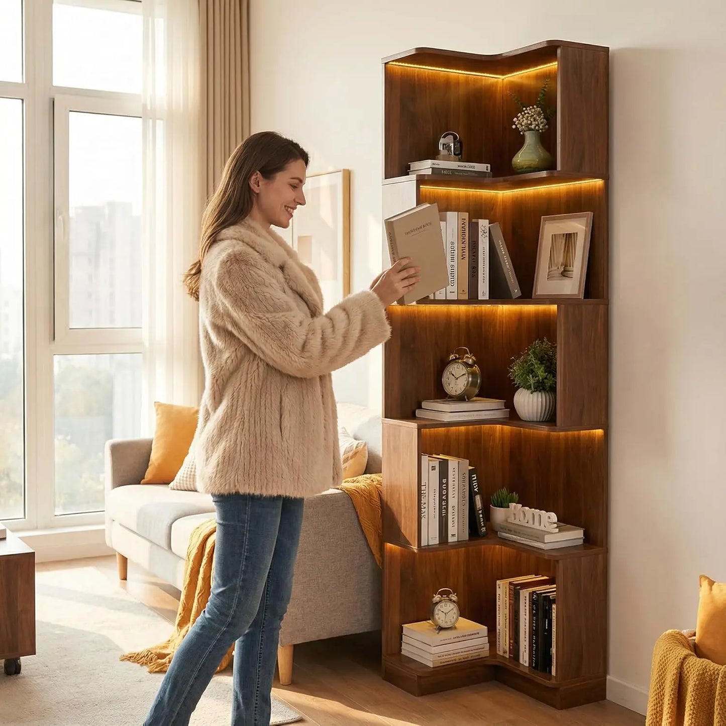 5-Tier L-Shaped Corner Bookshelf with LED Lights | Freestanding Smart Display Rack
