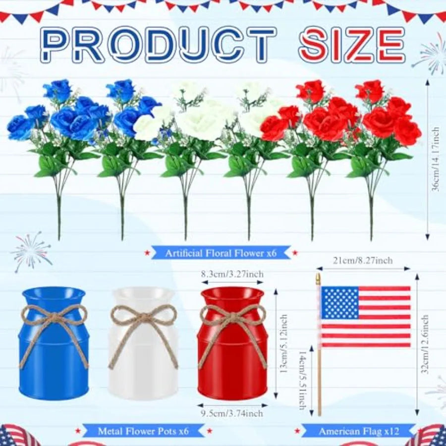 6‑Pack Patriotic Table Centerpieces – 4th of July Artificial Floral Arrangements with Metal Jars & American Flags