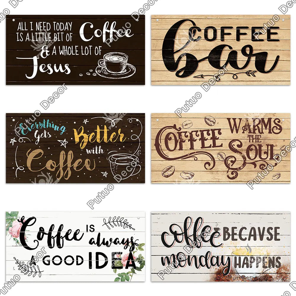 Decor Coffee Wooden Signs - Plaque Wood Plate Rustic Hanging for Cafe, Bar, or Kitchen