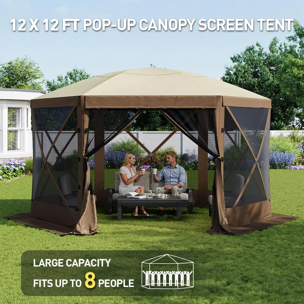 12×12 FT Pop‑Up Gazebo Screen Tent – 6‑Sided Canopy with Carry Bag & Stakes