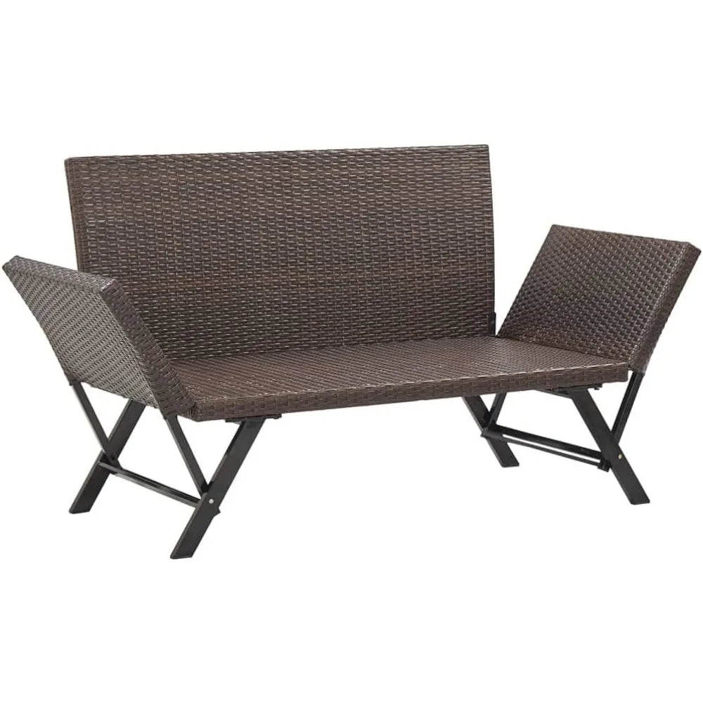 Convertible Bench to Day Bed, Brown Poly Rattan with Cushions, Adjustable Sides