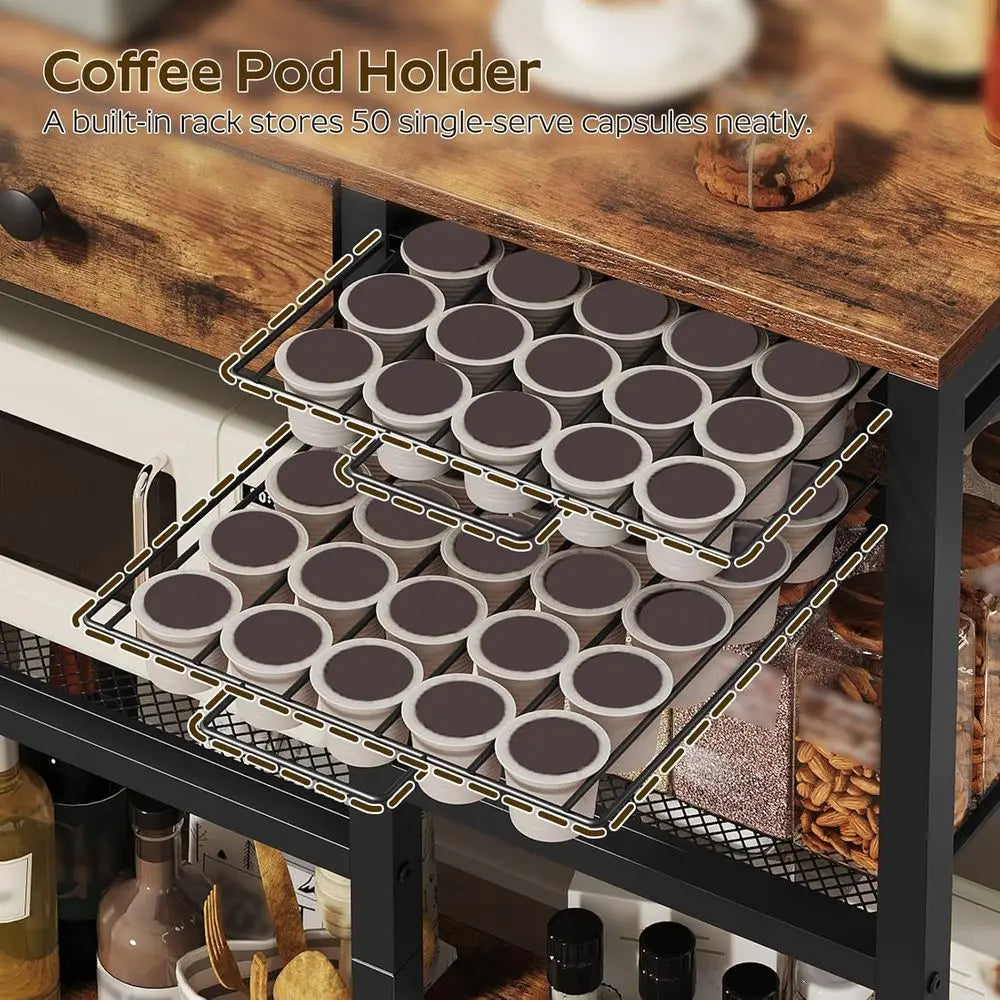 5‑Tier Bakers Rack with Storage Drawer – Coffee Bar Station with Pod Holder